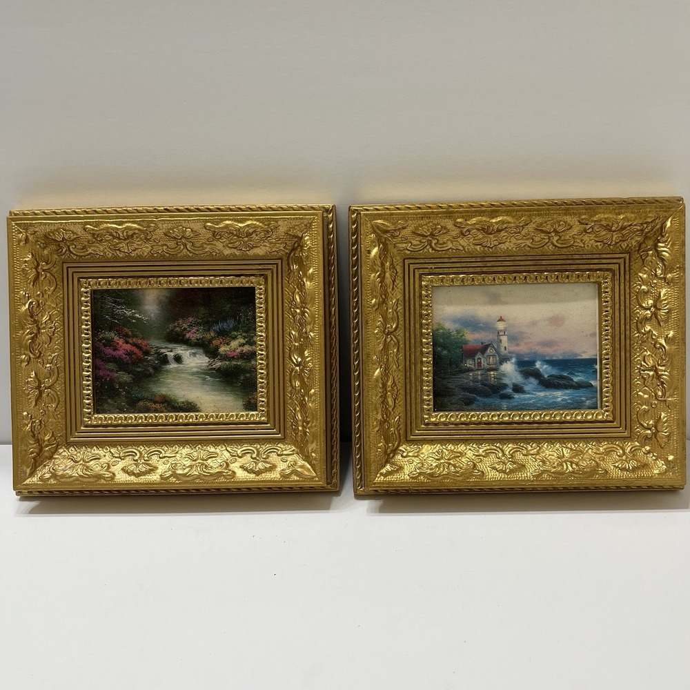 Vintage Thomas Kinkade Beacon Of Hope Framed Mini Prints Set Of 2 Gold Tone Wood